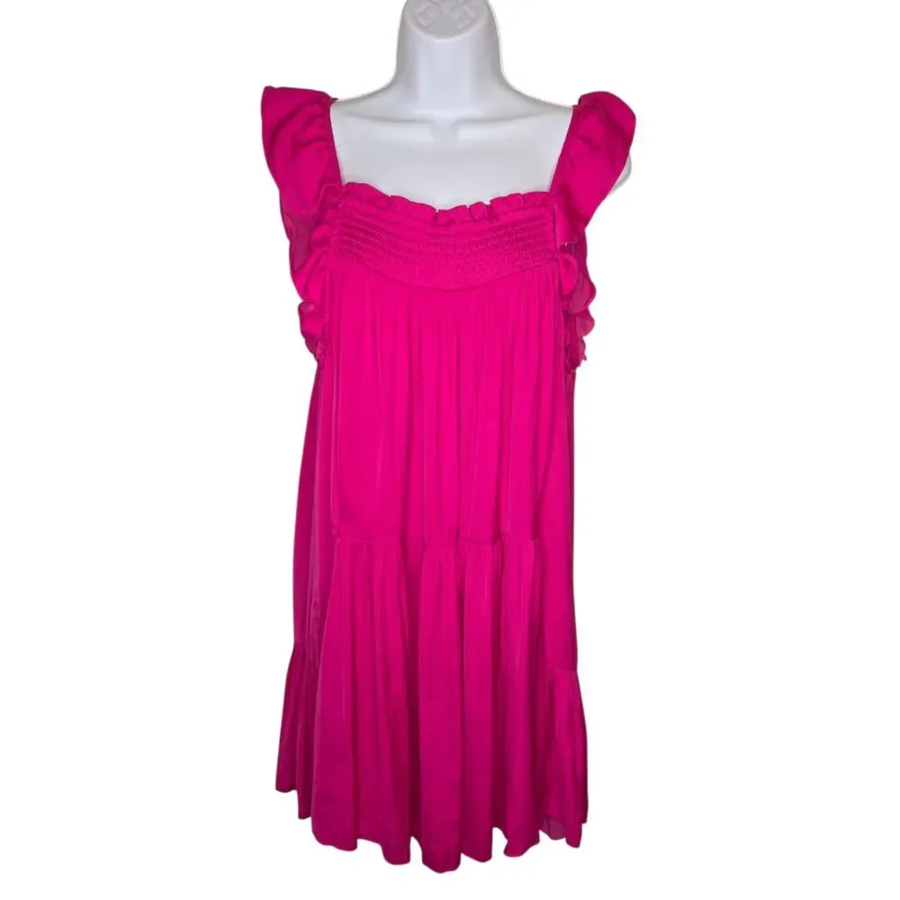 Free People Women's Hot Pink Smocked Ruffle Sleeve Tiered Mini Dress Size M